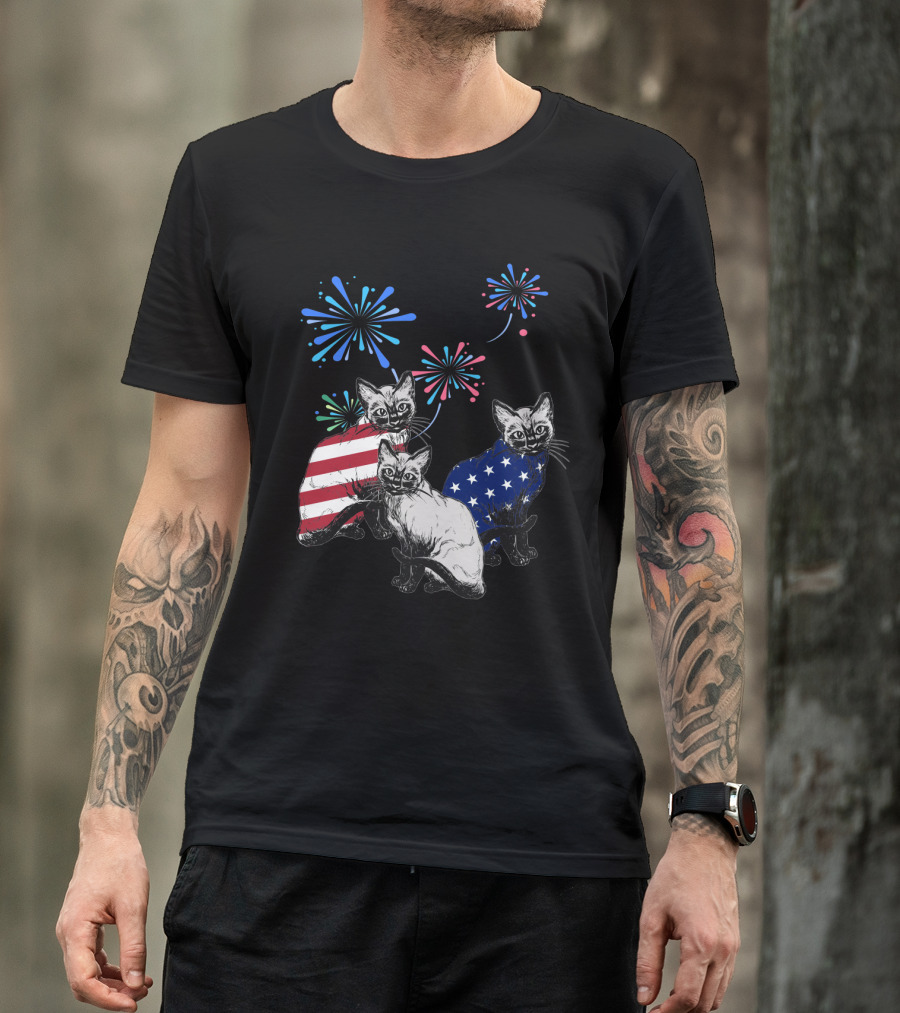 SiameseJuly Cats With Fireworks And American Flag T-Shirt