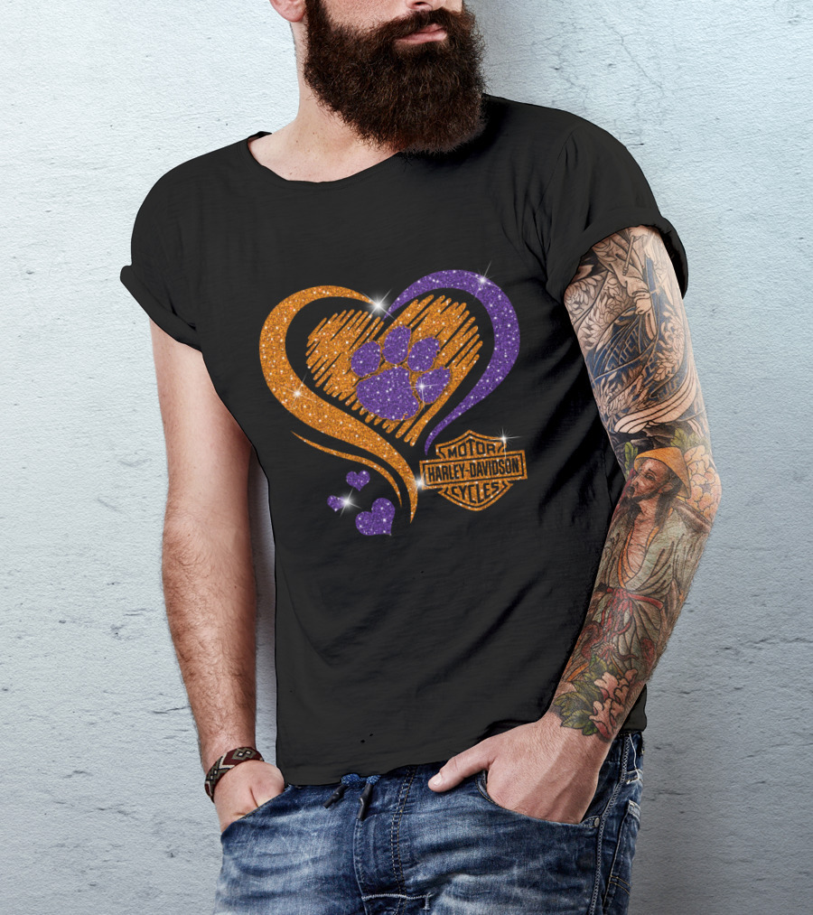 Clemson Tigers Purple Paw Heart Harley Davidson T-Shirt