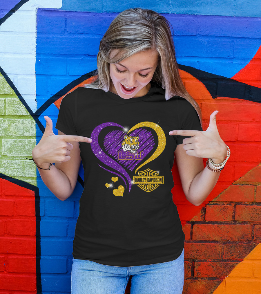 Hd Ncaa Lsu Tigers Heart Harley Davidson Motorcycle Cycles T-Shirt