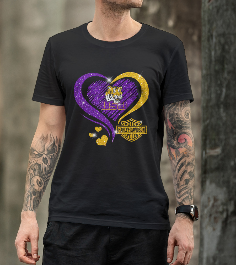 Hd Ncaa Lsu Tigers Heart Harley Davidson Motorcycle Cycles T-Shirt