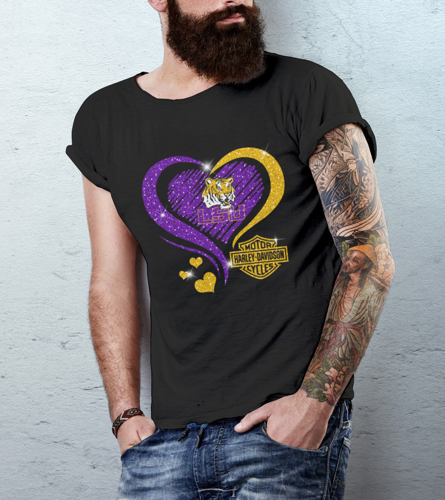 Hd Ncaa Lsu Tigers Heart Harley Davidson Motorcycle Cycles T-Shirt