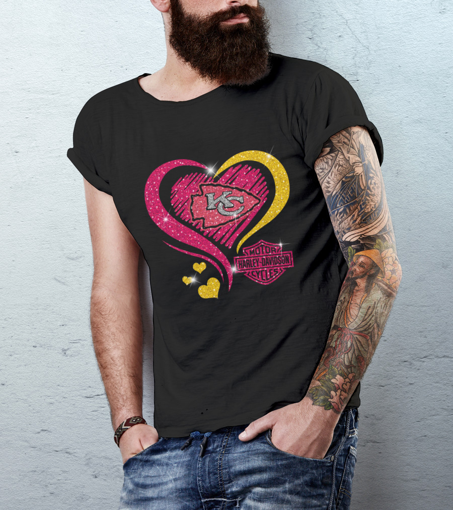 Kansas City Chiefs Harley Davidson Motorcycles Heart Kc Logo Glitter T-Shirt