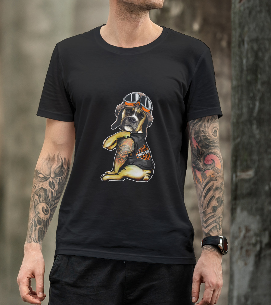 Harley Davidson Tattoo Boxer Dog With Goggles T-Shirt