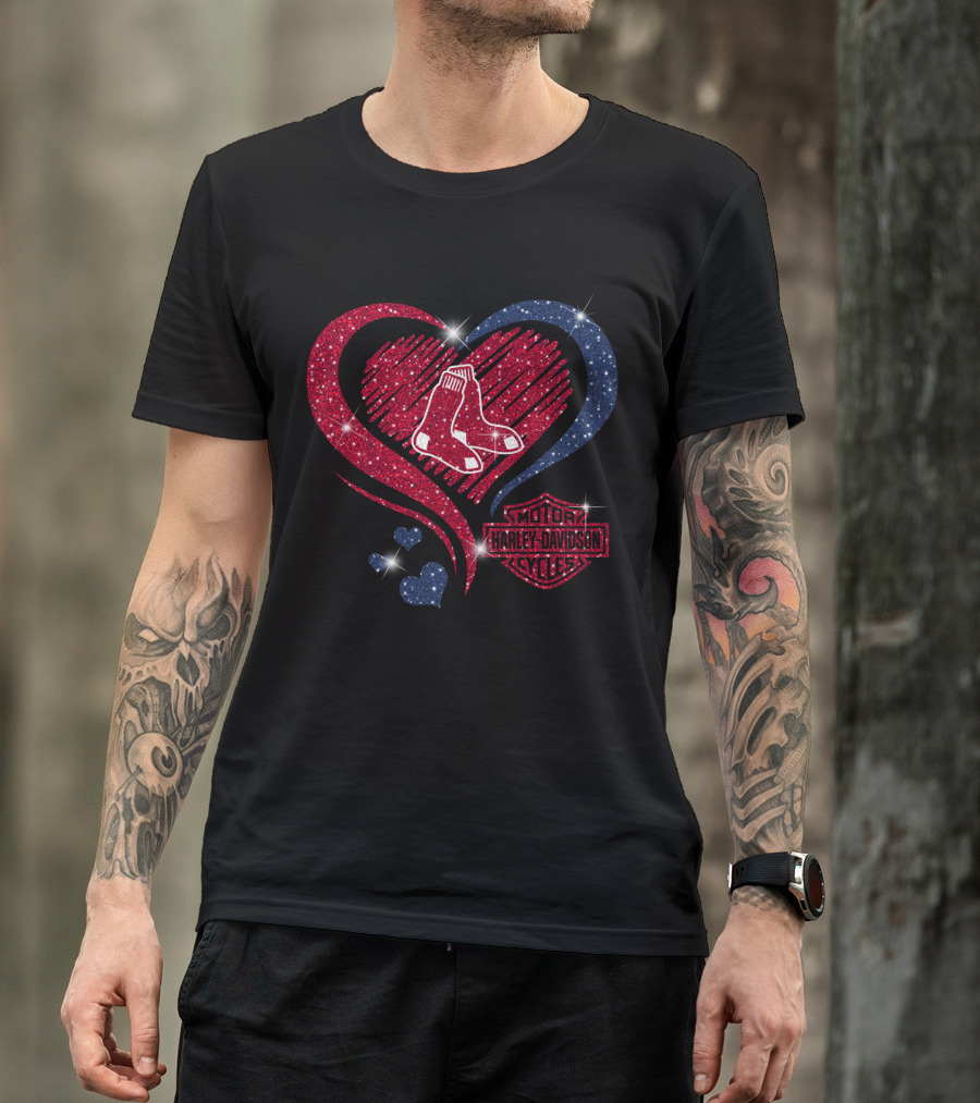 0307Hd Boston Red Sox Heart Motor Harley Davidson Cycles T-Shirt