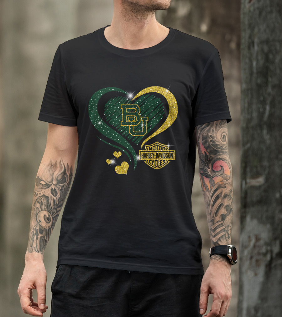 Bu Baylor Bears Harley Davidson Sparkling Heart T-Shirt