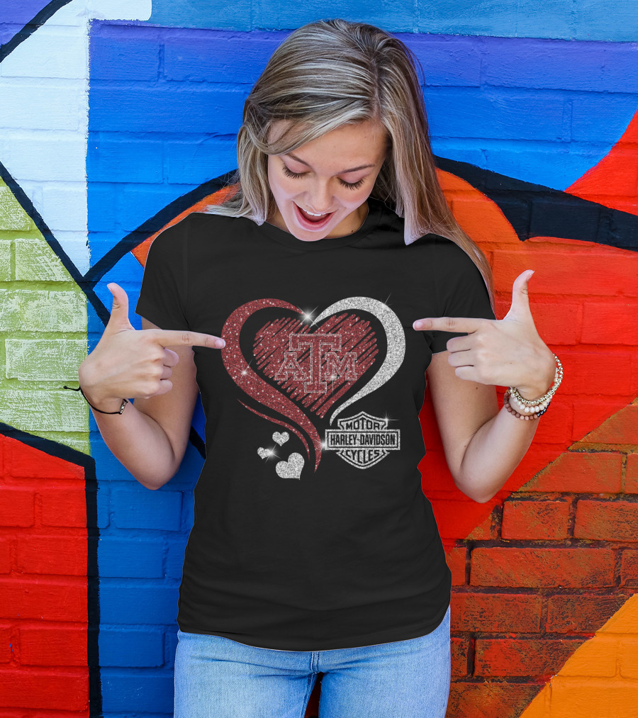Atm Texas A&M Aggies Harley Davidson Motor Cycles Sparkling Heart T-Shirt