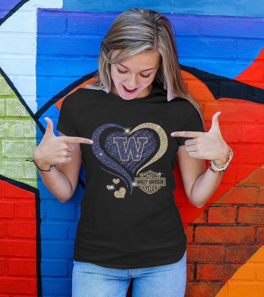 W Washington Huskies Harley Davidson Motorcycles Sparkling Heart T-Shirt