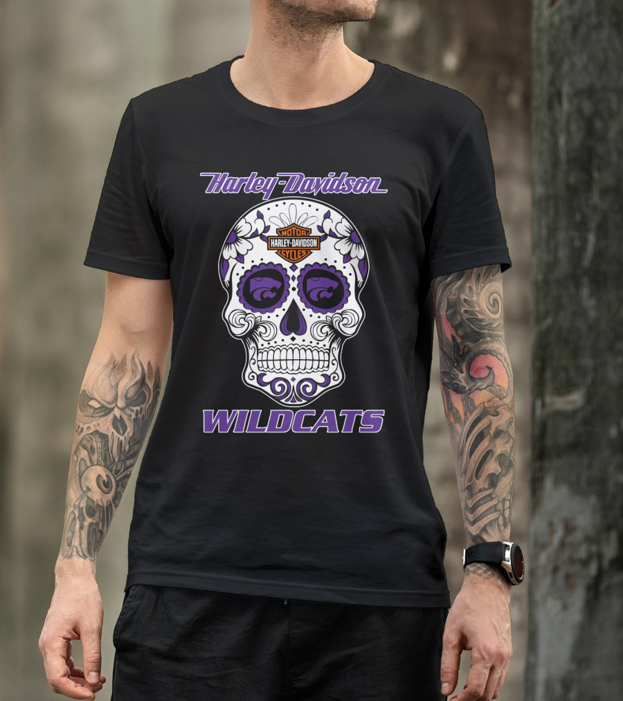 Harley Davidson Wildcats Kansas State Motor Cycles Day Of The Dead Skull T-Shirt