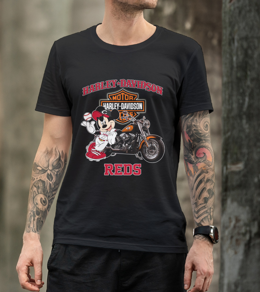 Harley Davidson Reds Cincinnati Motorcycle Mickey Mouse Baseball T-Shirt