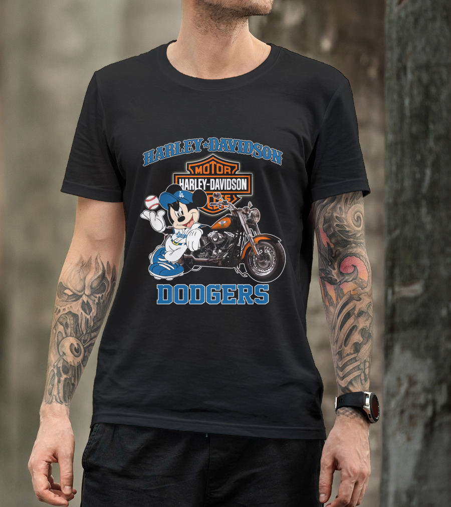 Harley Davidson Los Angeles Dodgers Mickey Mouse Motorcycle Baseball T-Shirt
