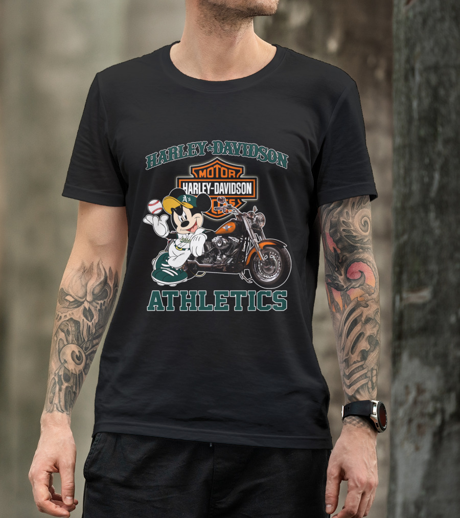 Harley Davidson Oakland Athletics With Mickey Mouse Baseball Motorcycle T-Shirt