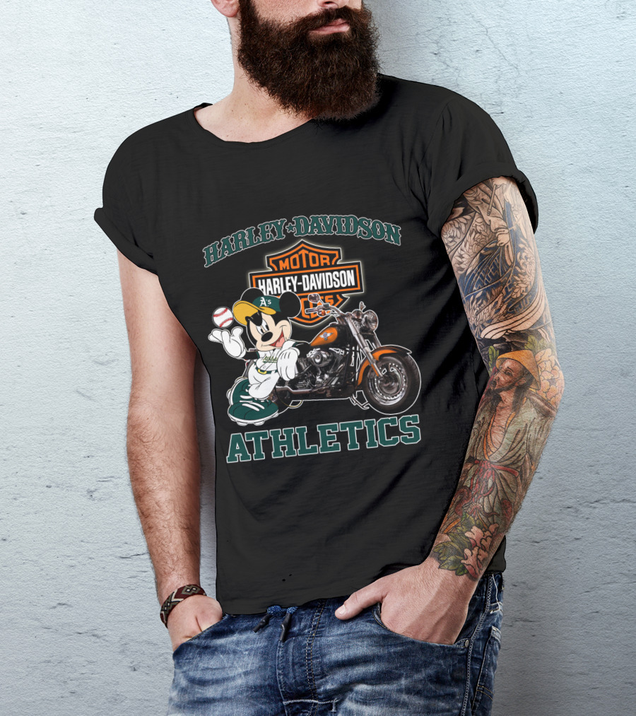 Harley Davidson Oakland Athletics With Mickey Mouse Baseball Motorcycle T-Shirt