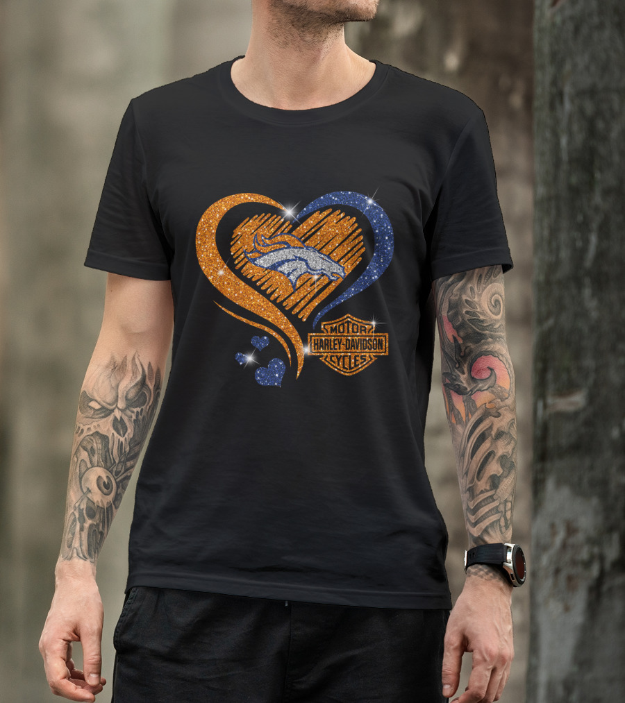 Denver Broncos Harley Davidson Sparkle Heart Nfl T-Shirt