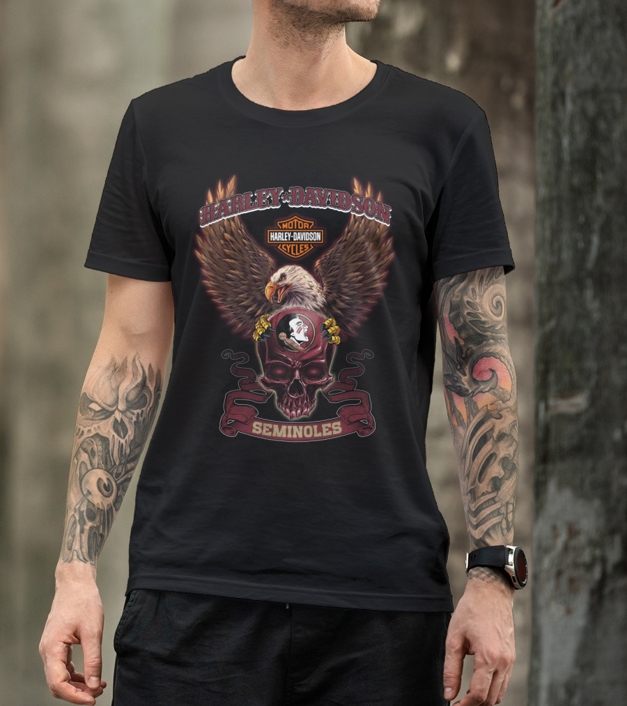 Harley Davidson Motor Cycles Eagle Skull Florida State Seminoles T-Shirt