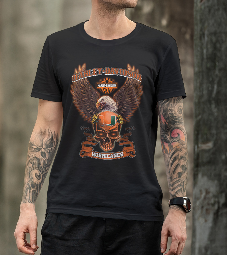 Harley Davidson Motor Cycles Miami Hurricanes Eagle Skull T-Shirt