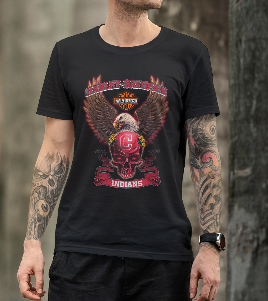 Harley Davidson Bald Eagle Cleveland Indians C Skull T-Shirt