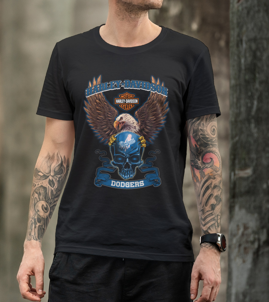 Harley Davidson Motor Cycles Dodgers Eagle Skull T-Shirt