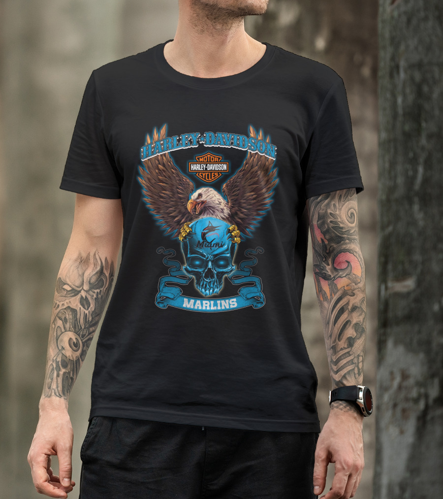 Harley Davidson Miami Marlins Eagle Skull T-Shirt