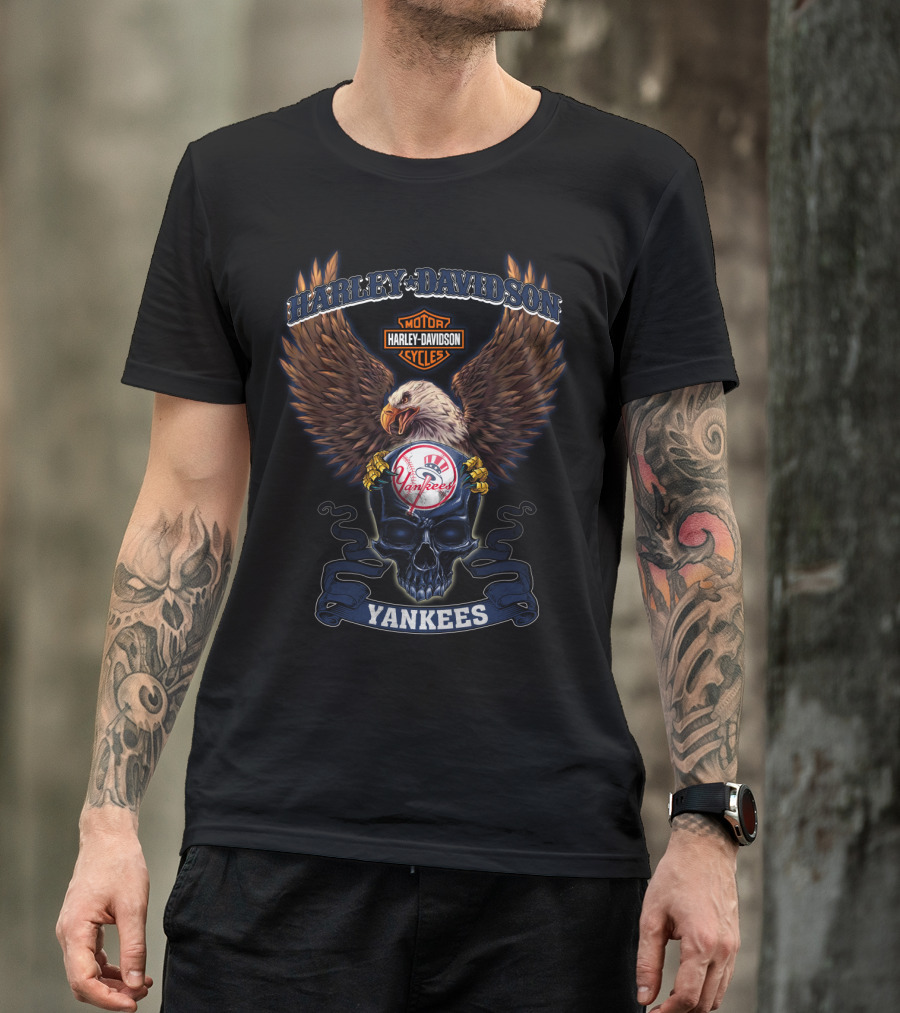 Harley Davidson Motor Cycles Eagle New York Yankees Skull T-Shirt