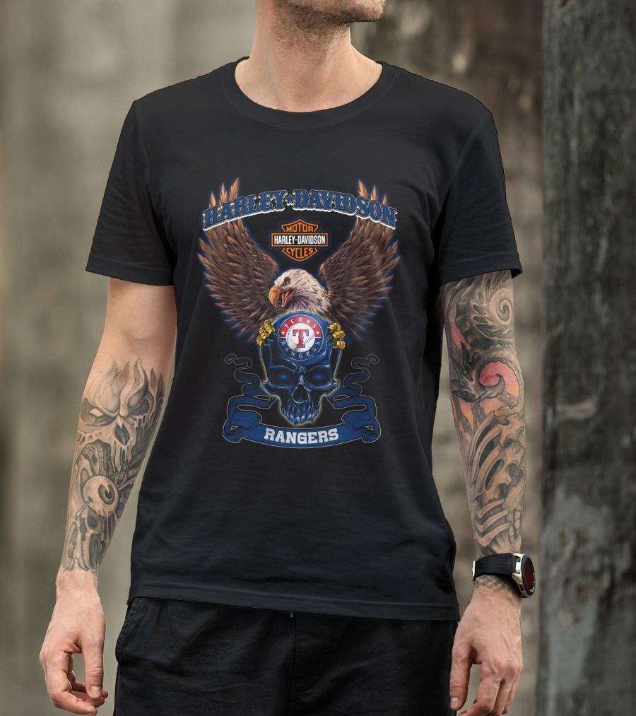 Harley Davidson Motor Cycles Texas Rangers Eagle Skull Rangers T-Shirt