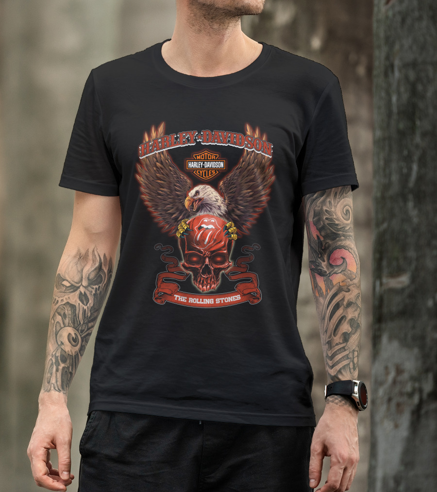 Harley Davidson Motor Cycles Eagle Skull The Rolling Stones T-Shirt