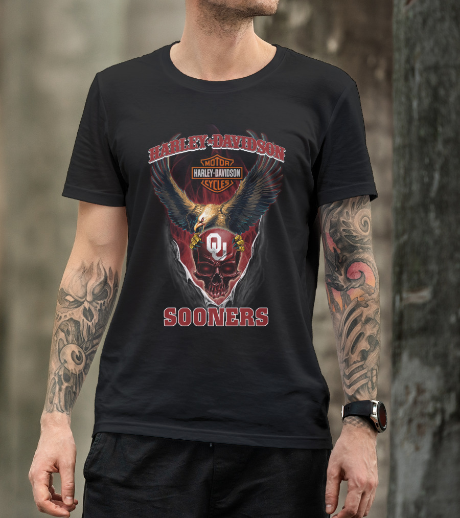 Harley Davidson Motor Cycles Sooners Ou Eagle Skull T-Shirt
