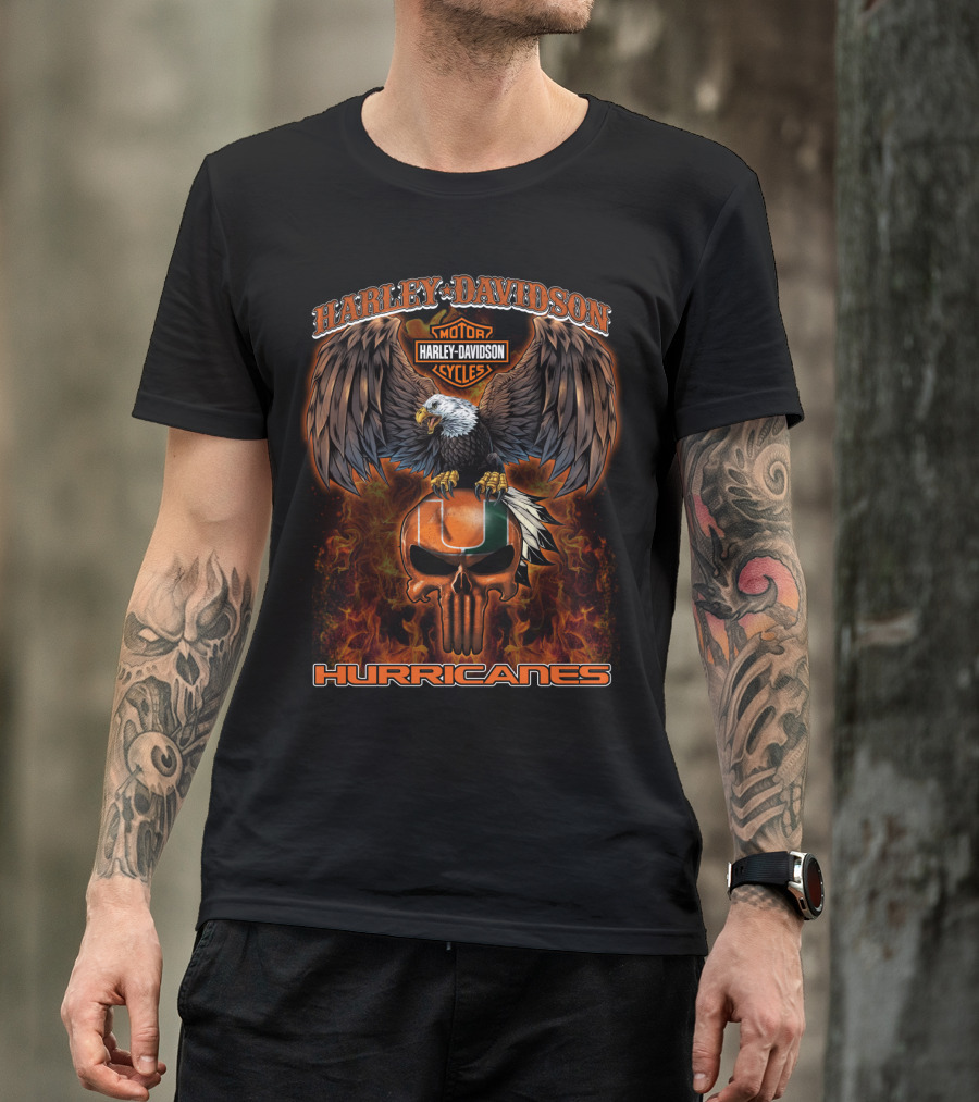 Harley Davidson Motor Cycles Miami Hurricanes Eagle Skull Flame T-Shirt