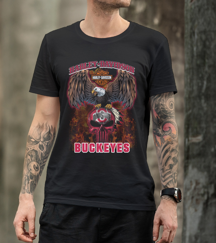 Harley Davidson Ohio State Buckeyes Skull Eagle Flames T-Shirt
