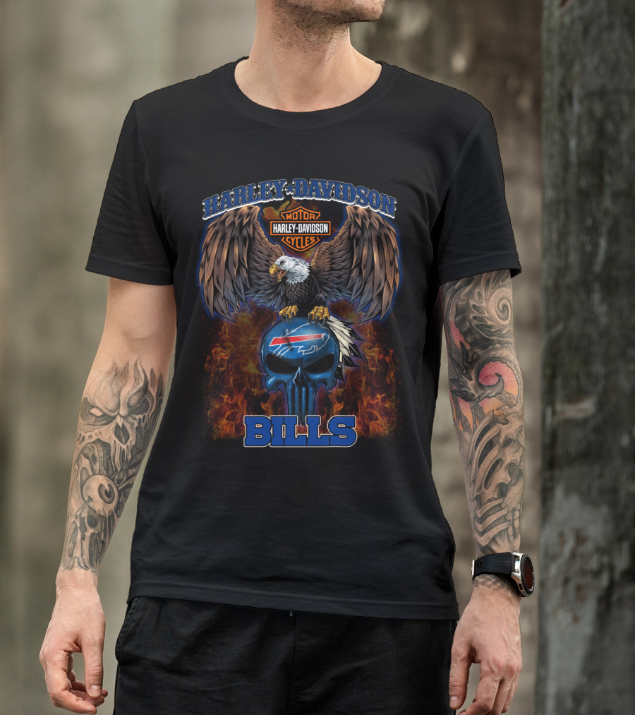 Harley Davidson Motor Cycles Buffalo Bills Eagle Skull Flames T-Shirt