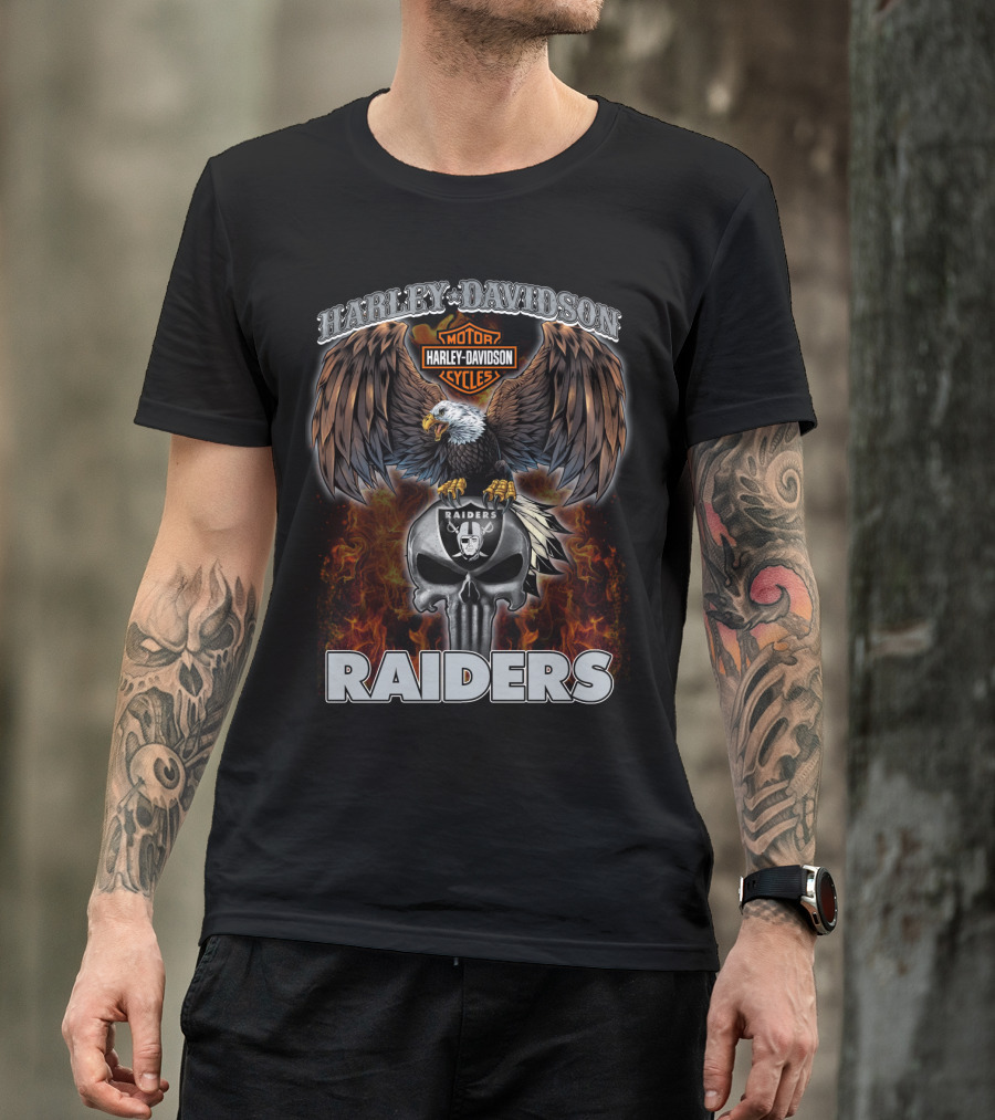 Harley Davidson Motor Cycles Raiders Skull Eagle Flame T-Shirt