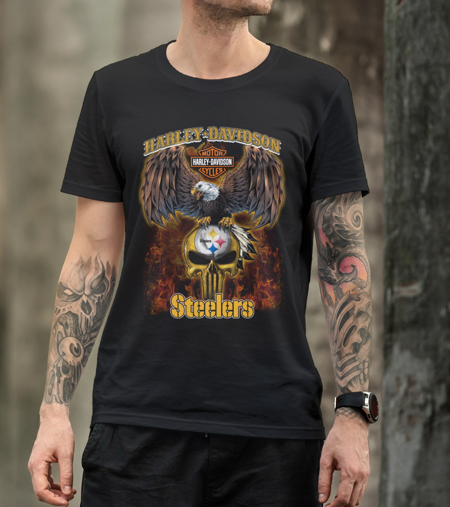 Harley Davidson Steelers Eagle With Skull Flame T-Shirt