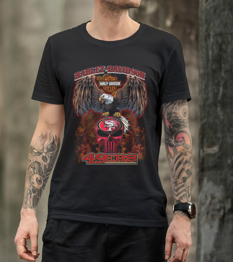 Harley Davidson Motor Cycles 49ers Sf Eagle Flames T-Shirt