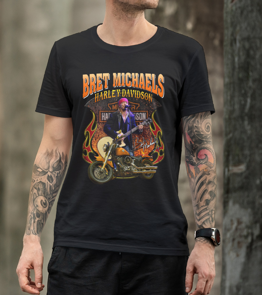 Bret Michaels Harley Davidson Motorcycle Concert Performance Signature T-Shirt