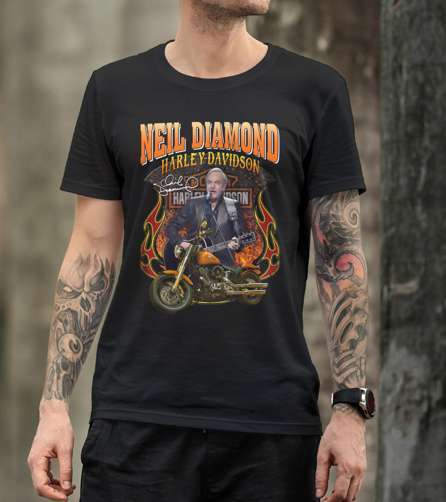 Neil Diamond Harley Davidson Motorcycle Flames Signature T-Shirt