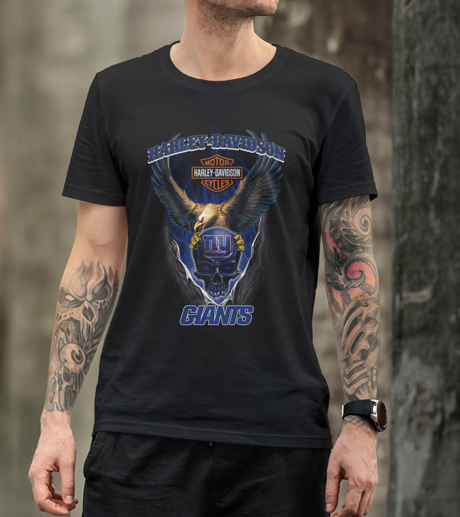 Harley Davidson Motor Cycles New York Giants Eagle Skull T-Shirt