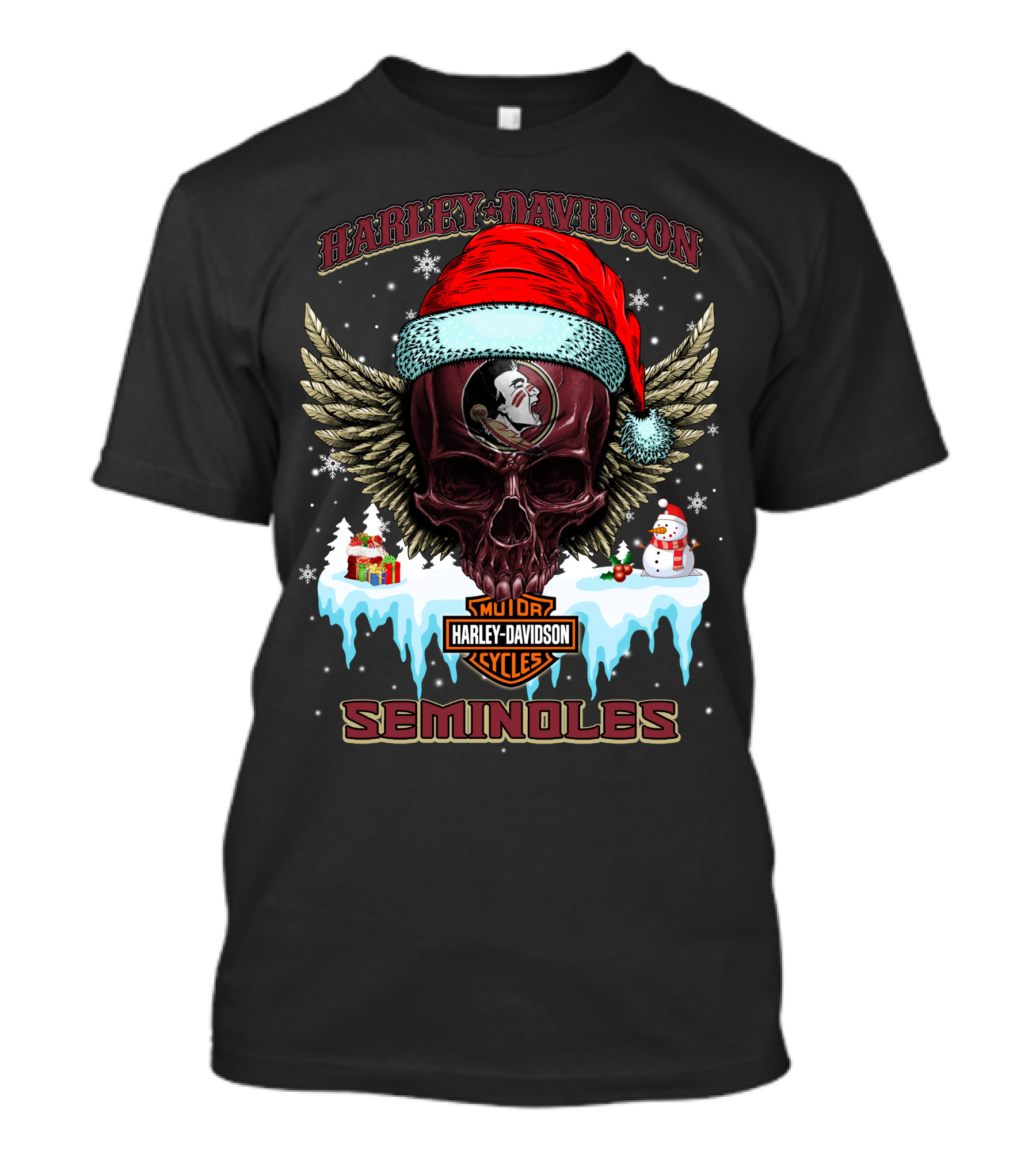 Harley Davidson Seminoles Christmas Skull With Wings And Santa Hat T-Shirt