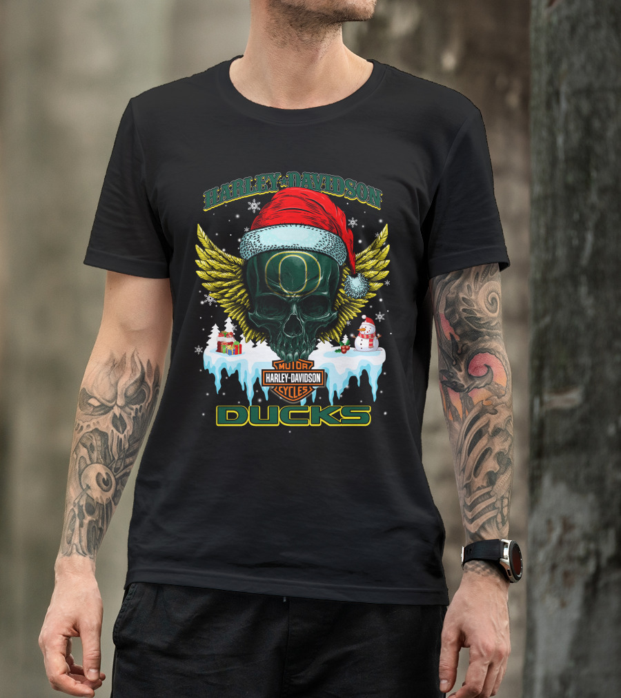 Harley Davidson Oregon Ducks Santa Skull Snowman Holiday T-Shirt