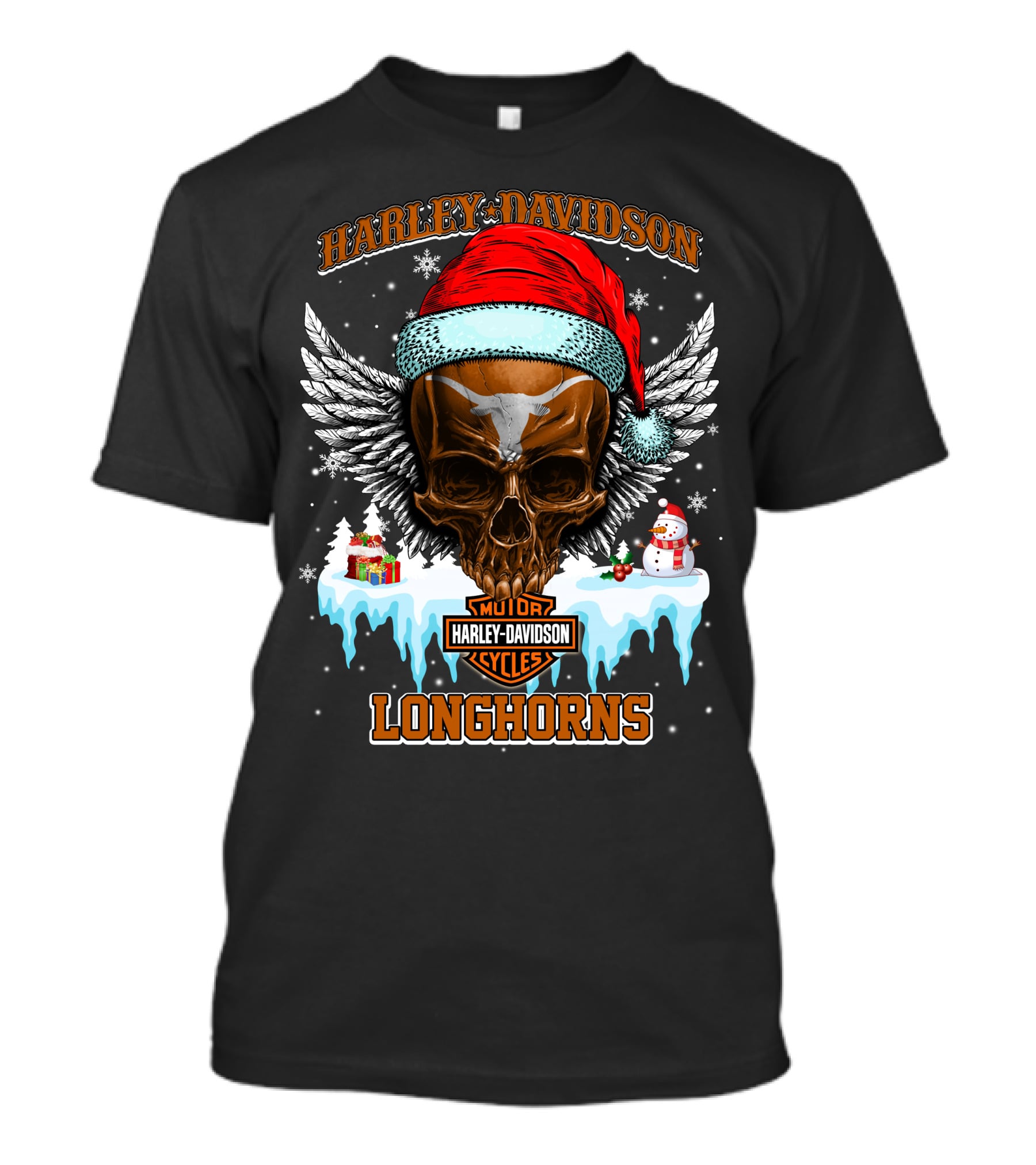 Harley Davidson Motor Cycles Longhorns Santa Skull Wings T-Shirt