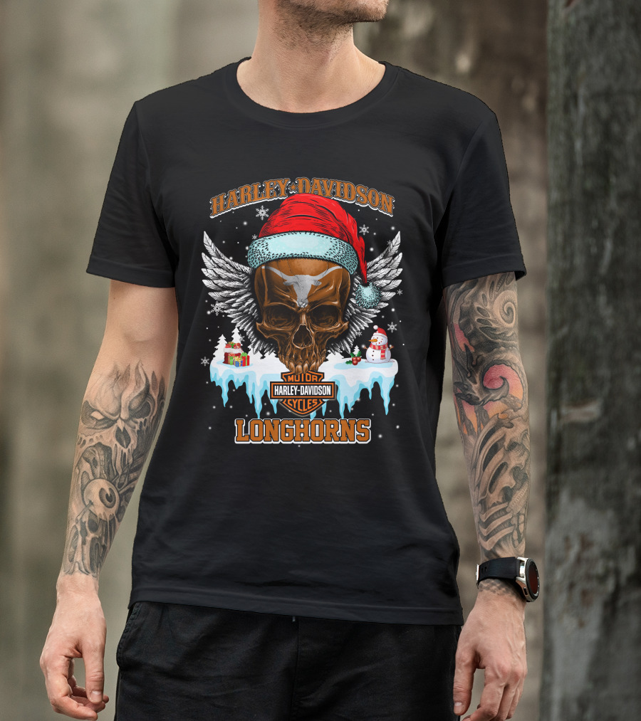 Harley Davidson Motor Cycles Longhorns Santa Skull Wings T-Shirt