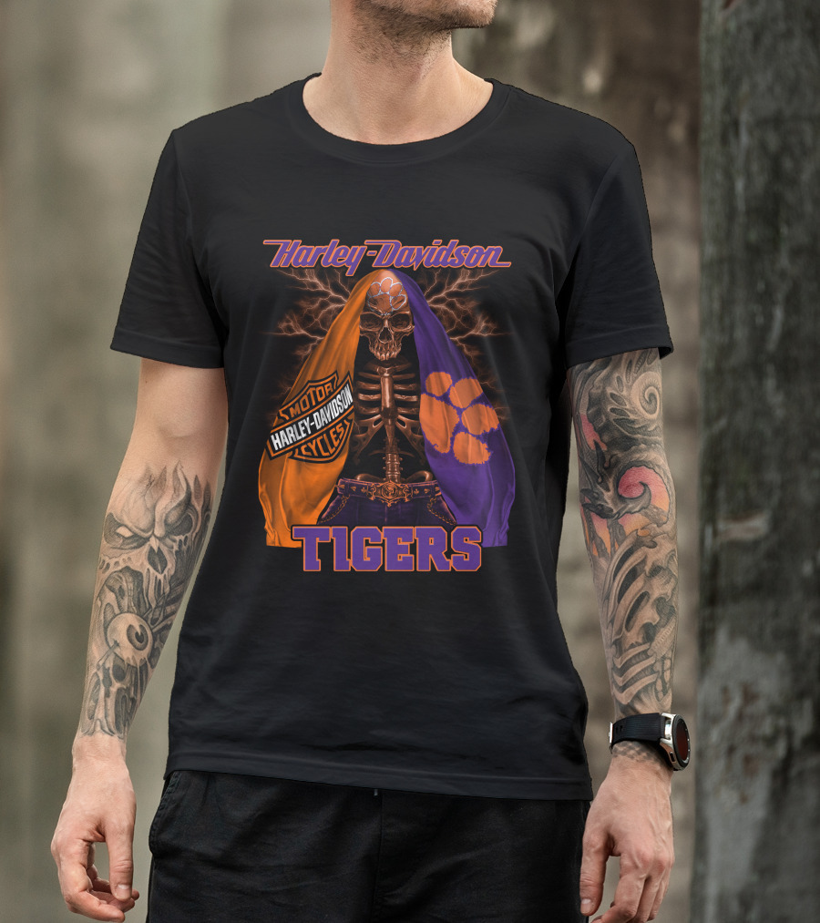 Harley Davidson Clemson Tigers Motorcycle Skeleton T-Shirt