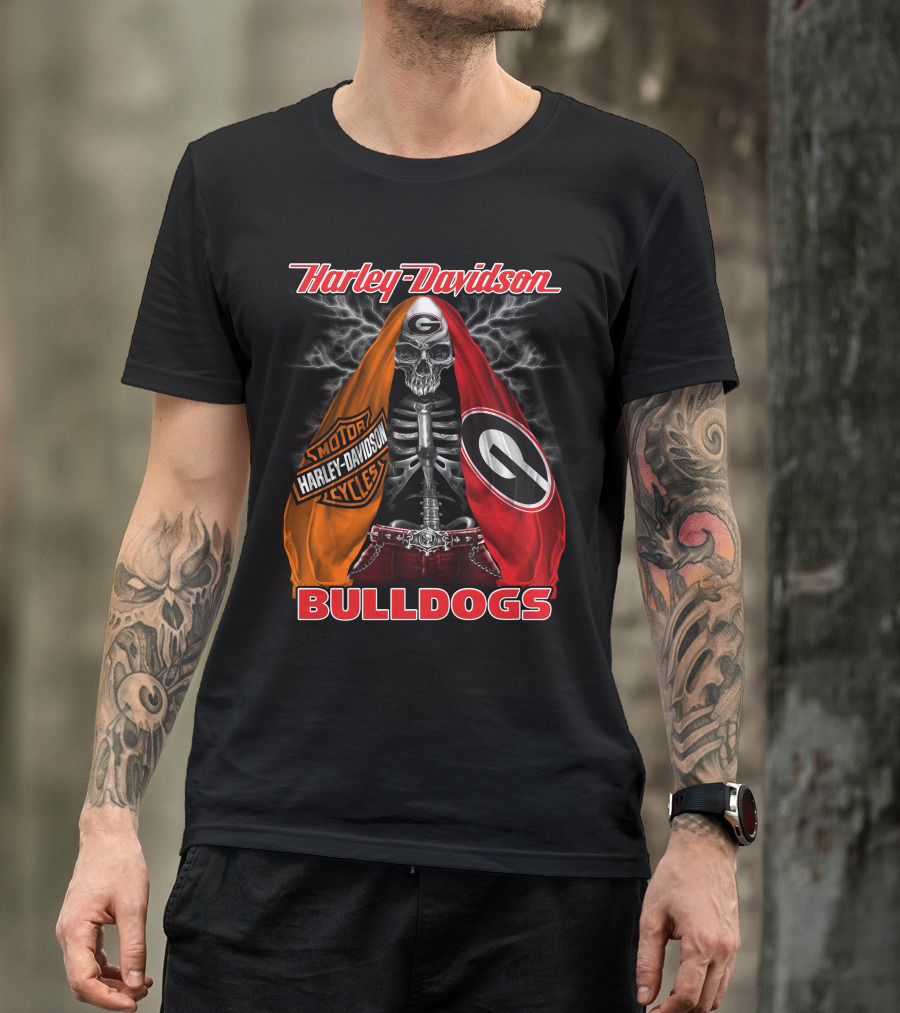 Harley Davidson Georgia Bulldogs Skeleton Lightning Motorcycles T-Shirt