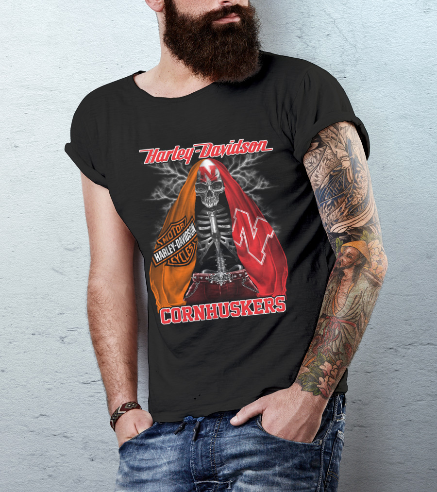 Harley Davidson Nebraska Cornhuskers Skeleton With Logo Cloak T-Shirt