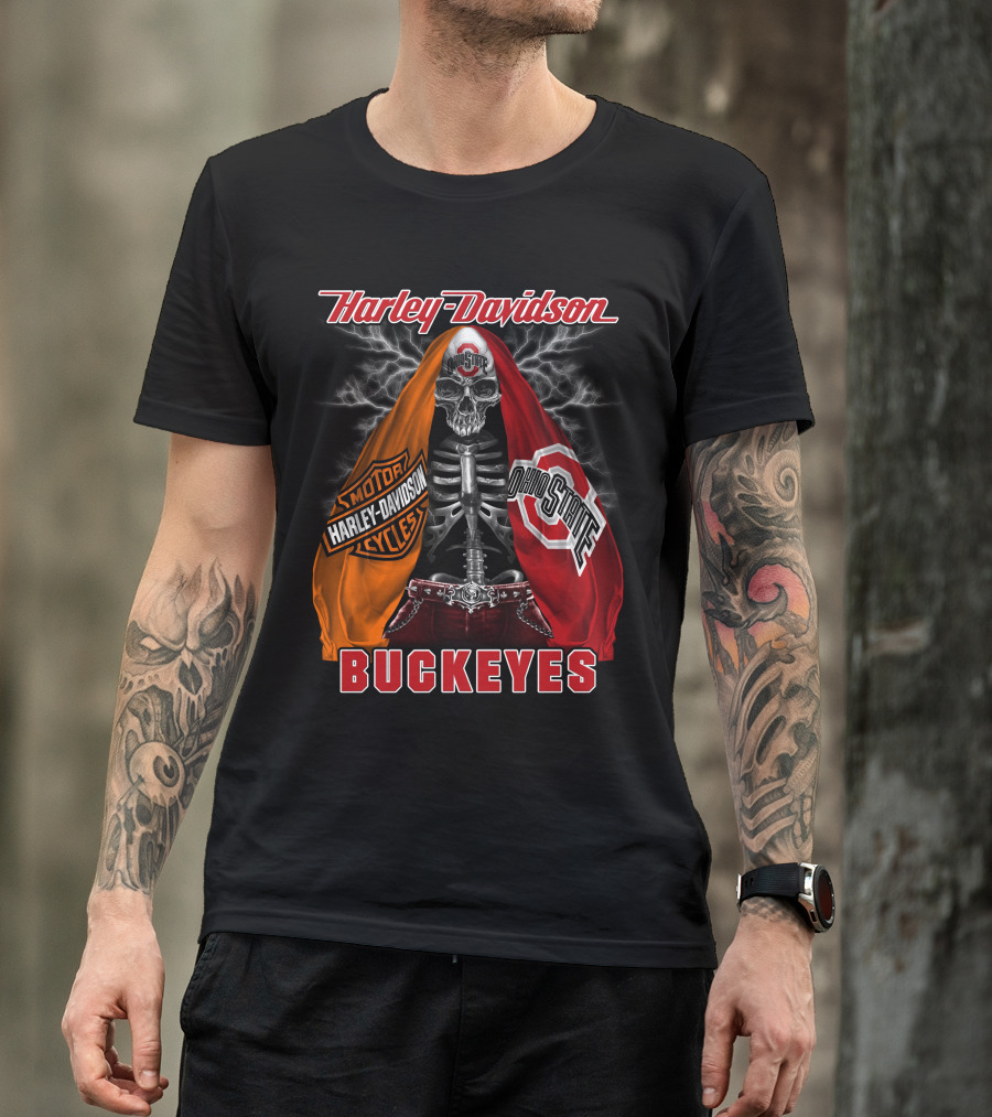 Harley Davidson Ohio State Buckeyes Skeleton Motocycles T-Shirt