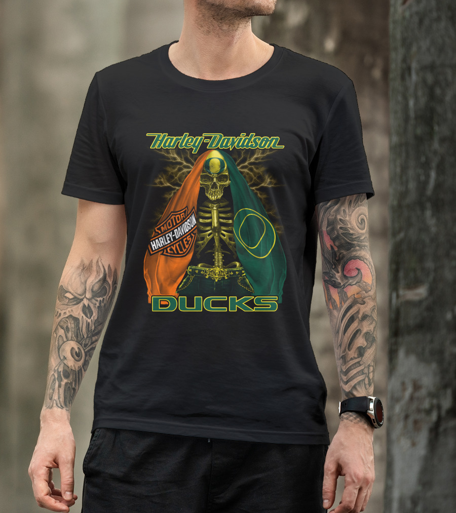 Harley Davidson Motorcycles Ducks Oregon Skeleton T-Shirt