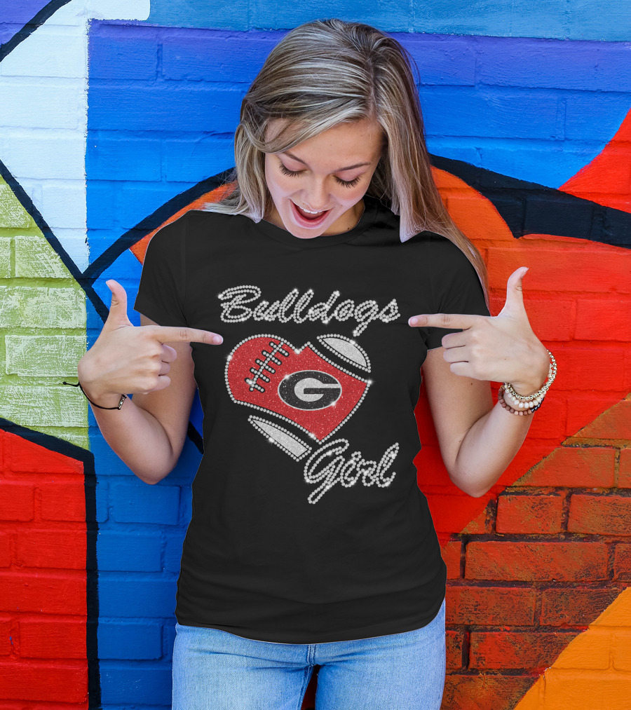 Georgia Bulldogs Girl Heart Football Bling T-Shirt