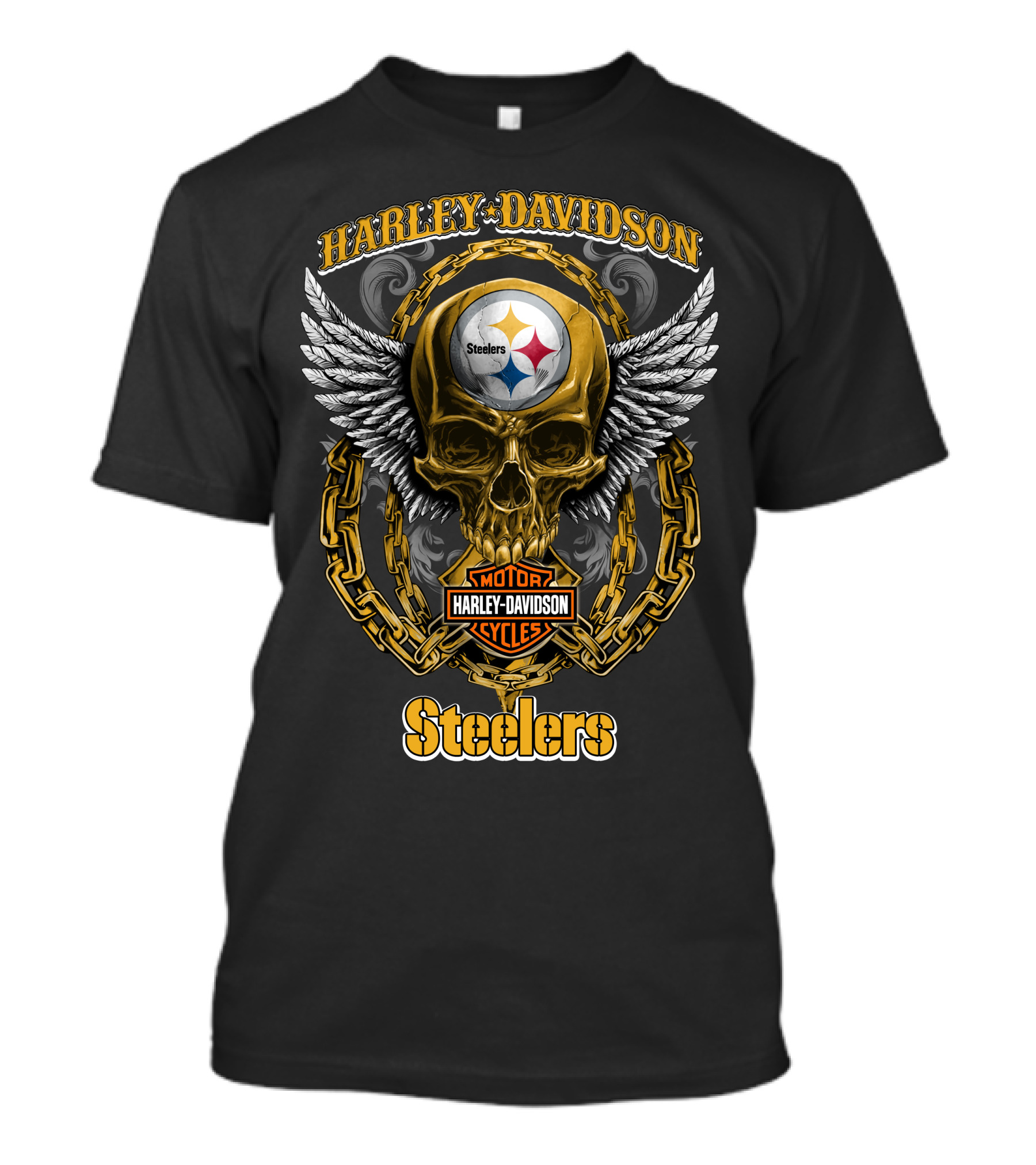Steelers Harley Davidson Motor Cycles Skull Logo Chain Wings T-Shirt