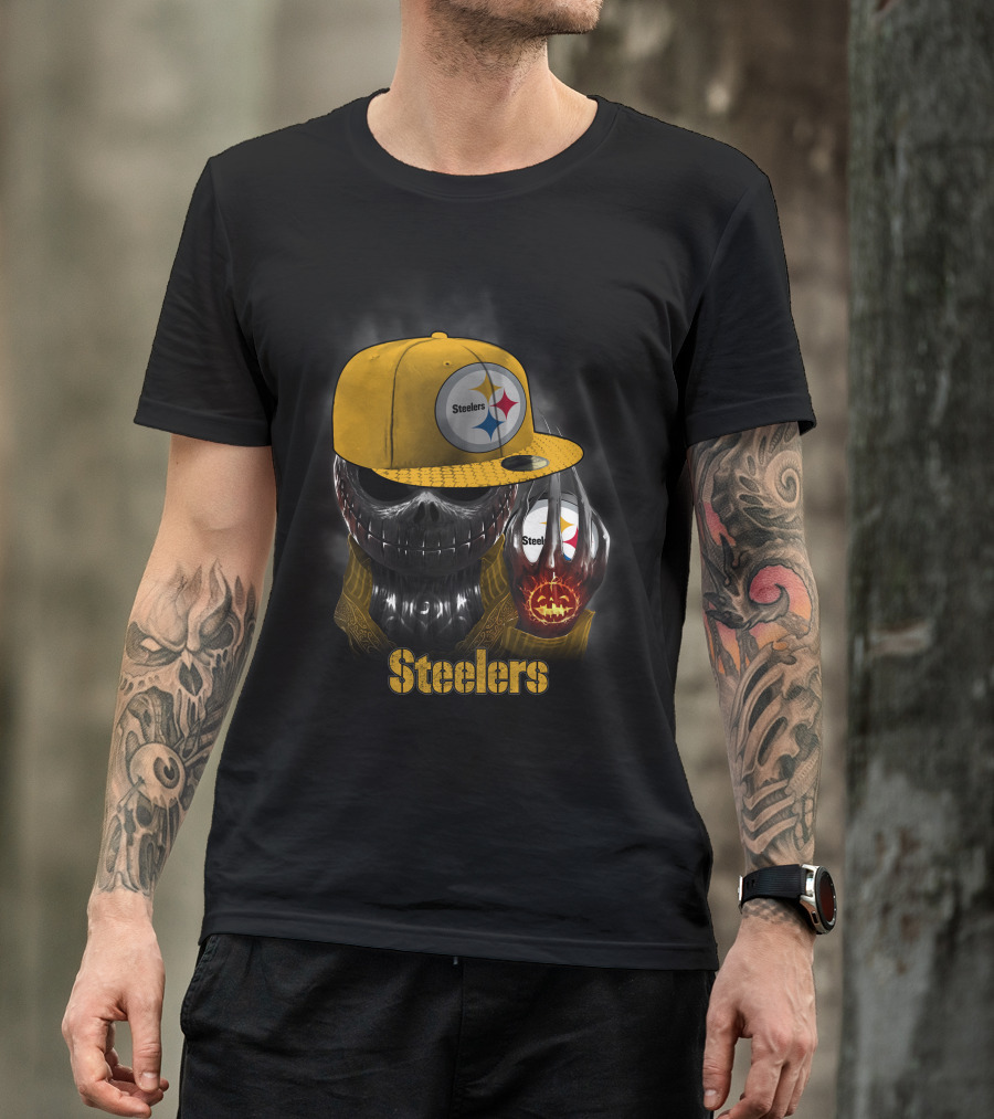Steelers Skull With Yellow Cap And Pumpkin-Hand T-Shirt