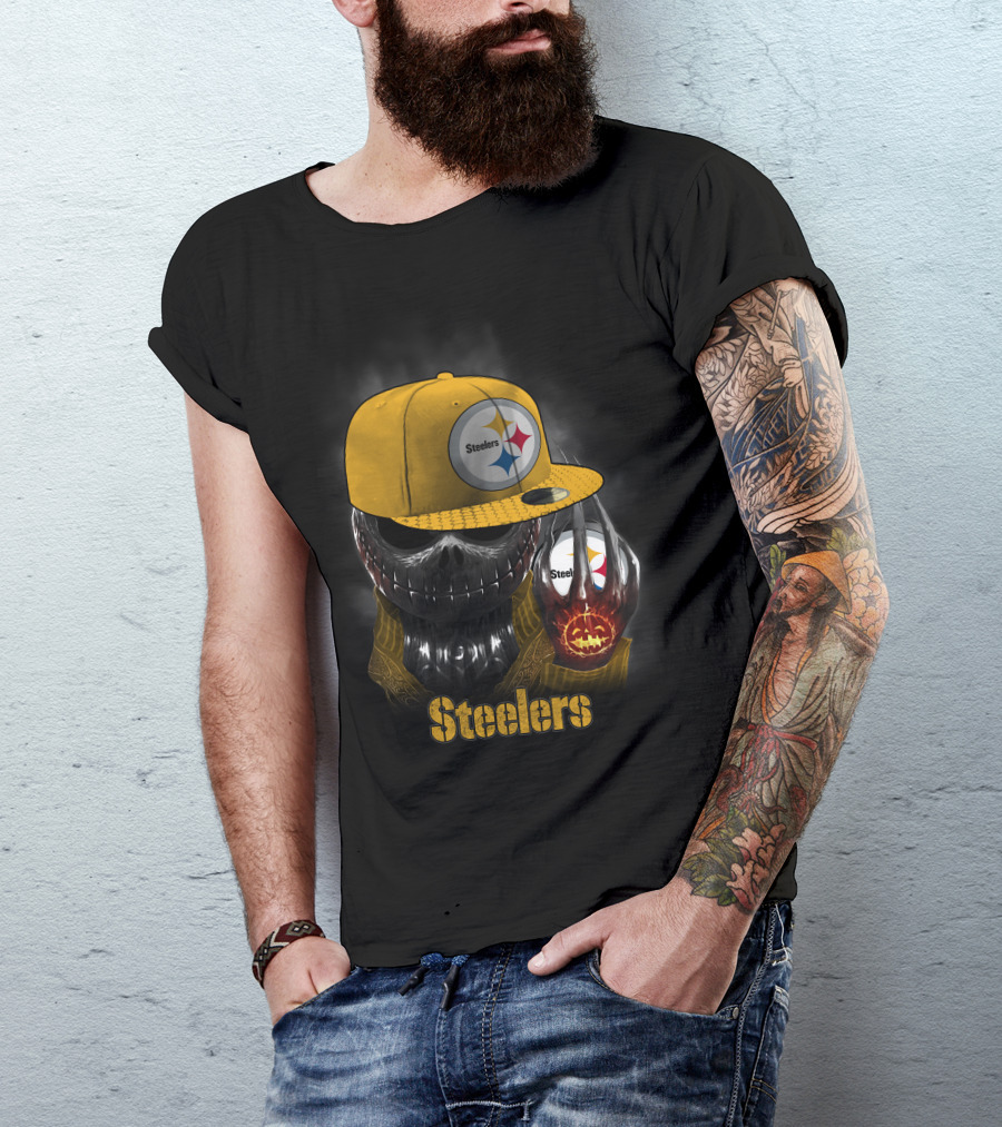 Steelers Skull With Yellow Cap And Pumpkin-Hand T-Shirt