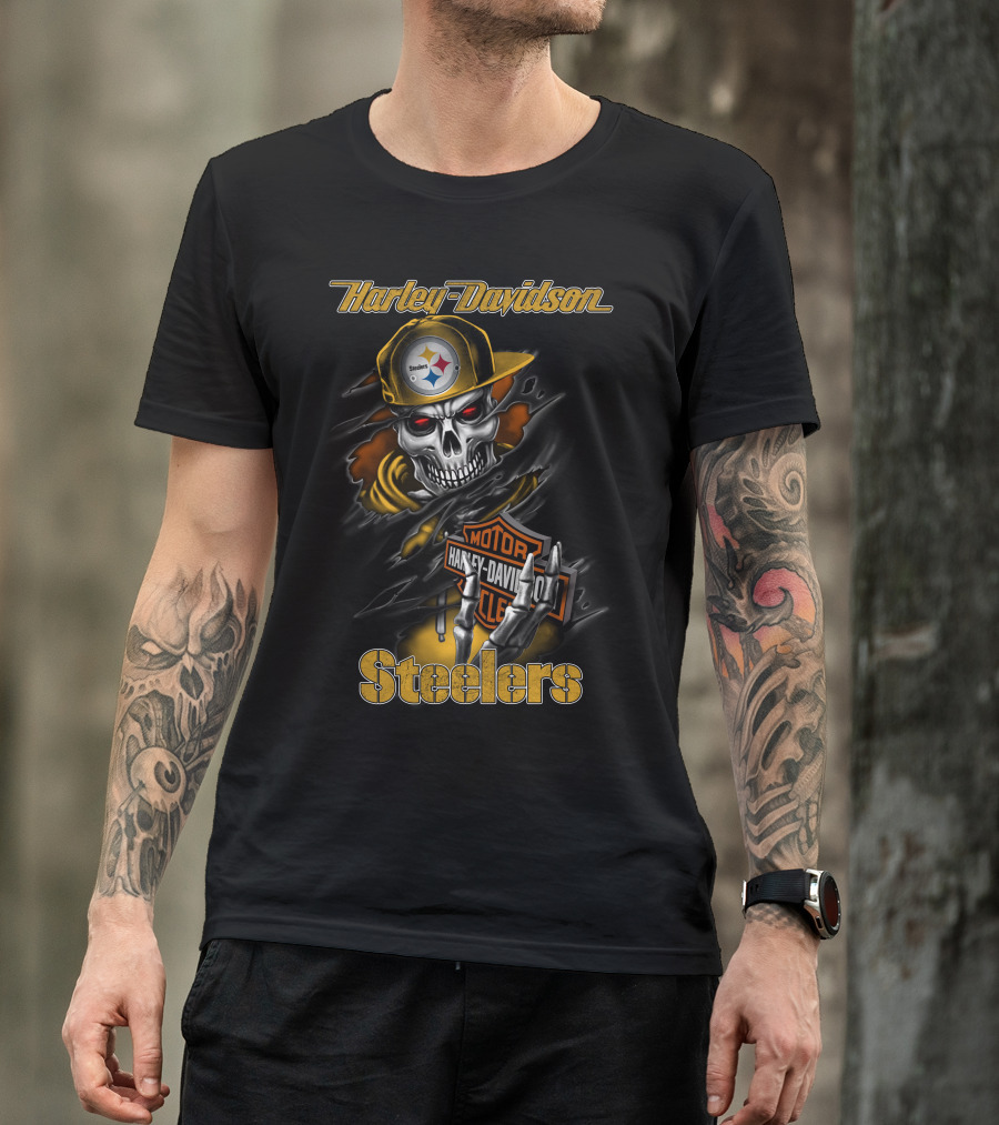 Harley Davidson Pittsburgh Steelers Skeleton Moto Nfl T-Shirt