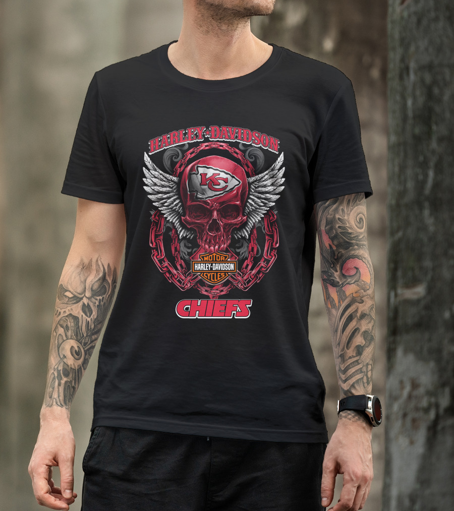 Harley Davidson Kansas City Chiefs Nfl Motorcycles 04 Chiefs Logo Skull Wings T-Shirt